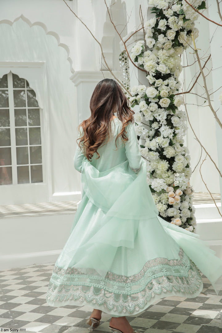 Pakistani Mint Embroidered Korean Silk Pishwas (3-Piece) - Image 4