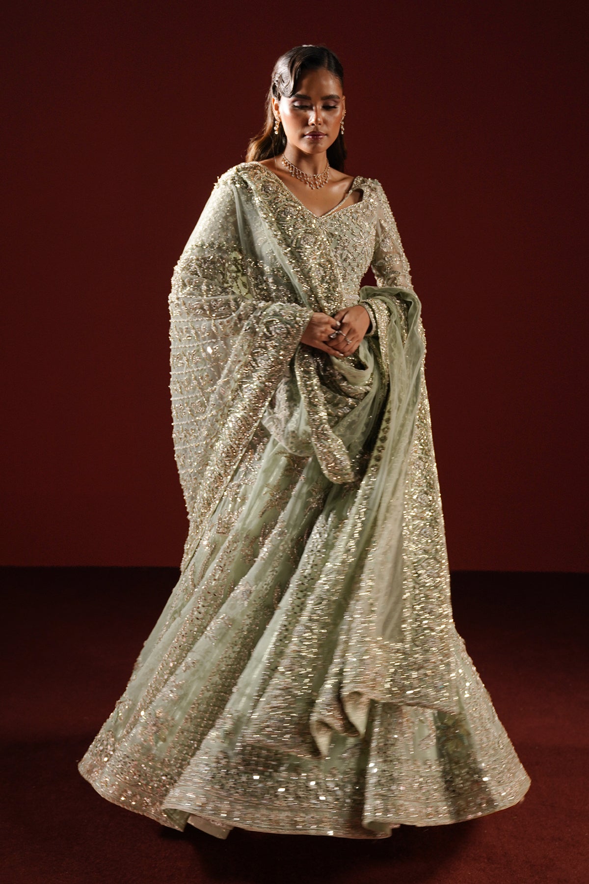 Pakistani Sage Green Sheesha Kari Lamé Pishwas (2-Piece) - Image 1