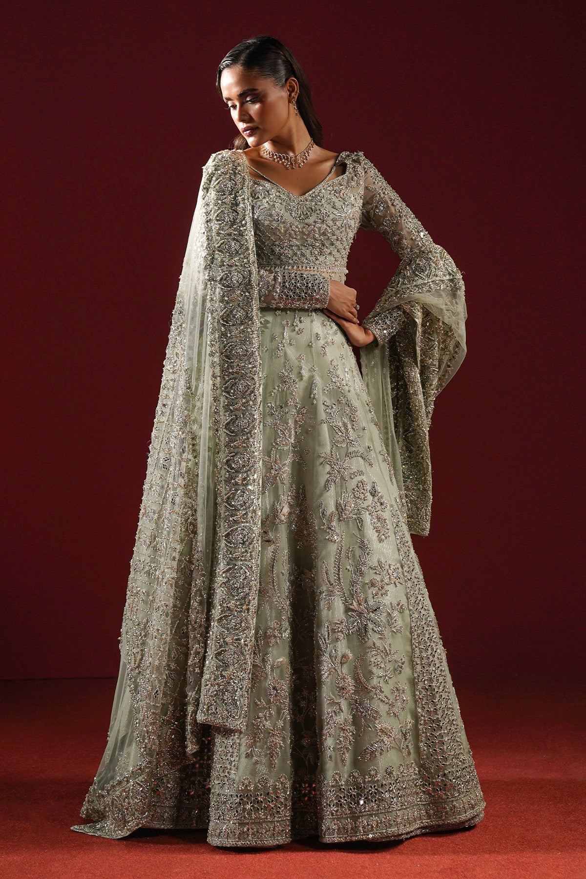 Pakistani Sage Green Sheesha Kari Lamé Pishwas (2-Piece) - Image 10