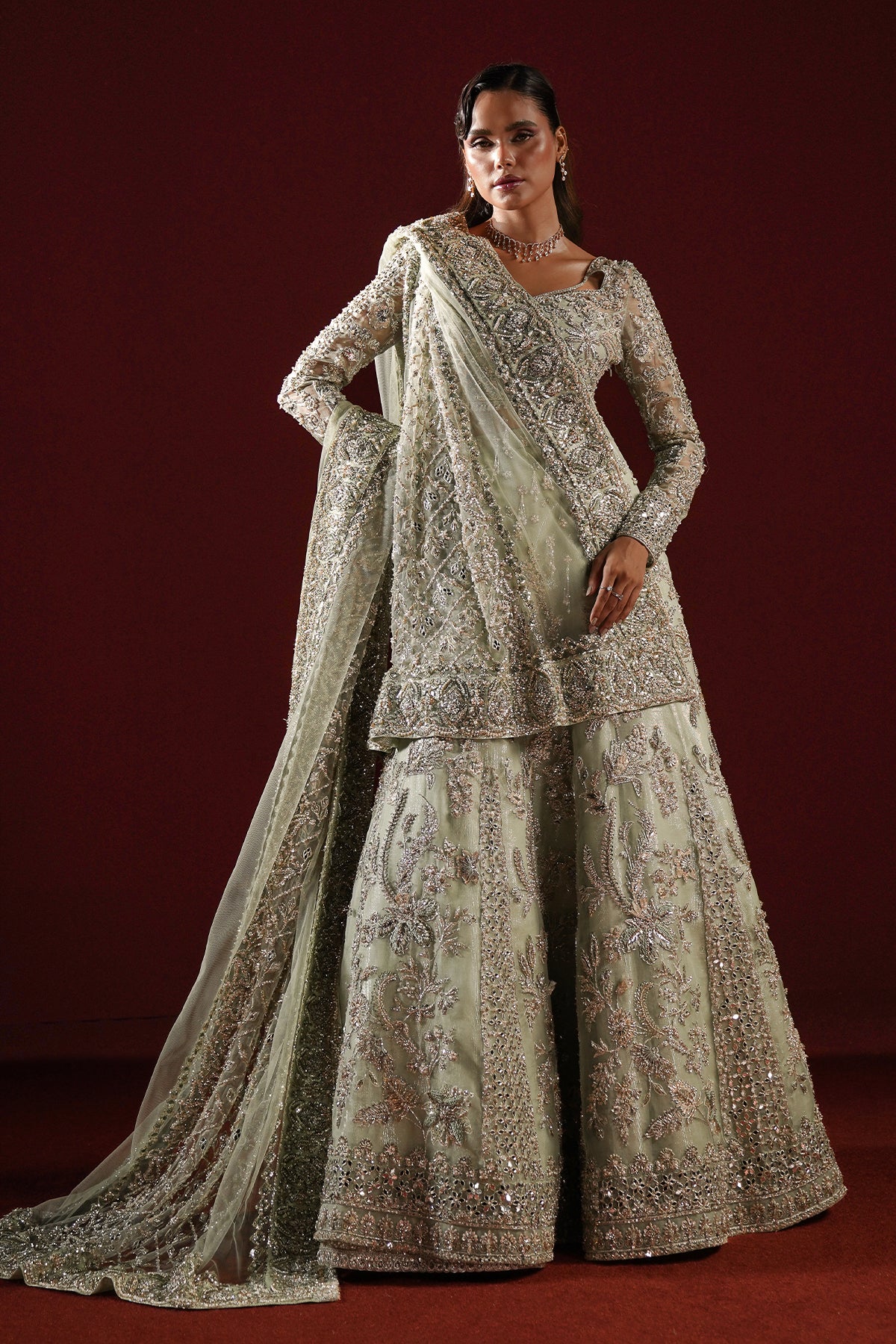 Pakistani Sage Green Sheesha Kari Lamé Pishwas (2-Piece) - Image 11