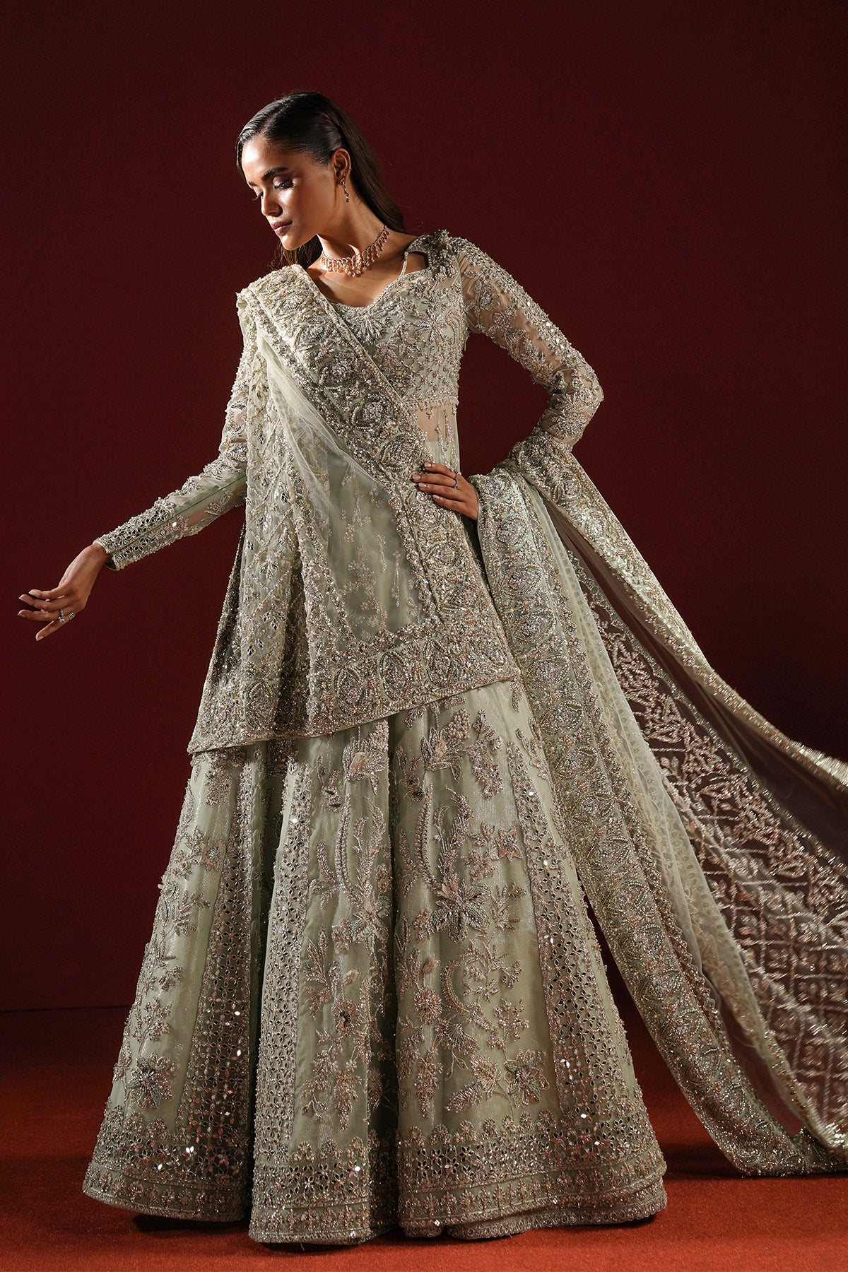 Pakistani Sage Green Sheesha Kari Lamé Pishwas (2-Piece) - Image 12