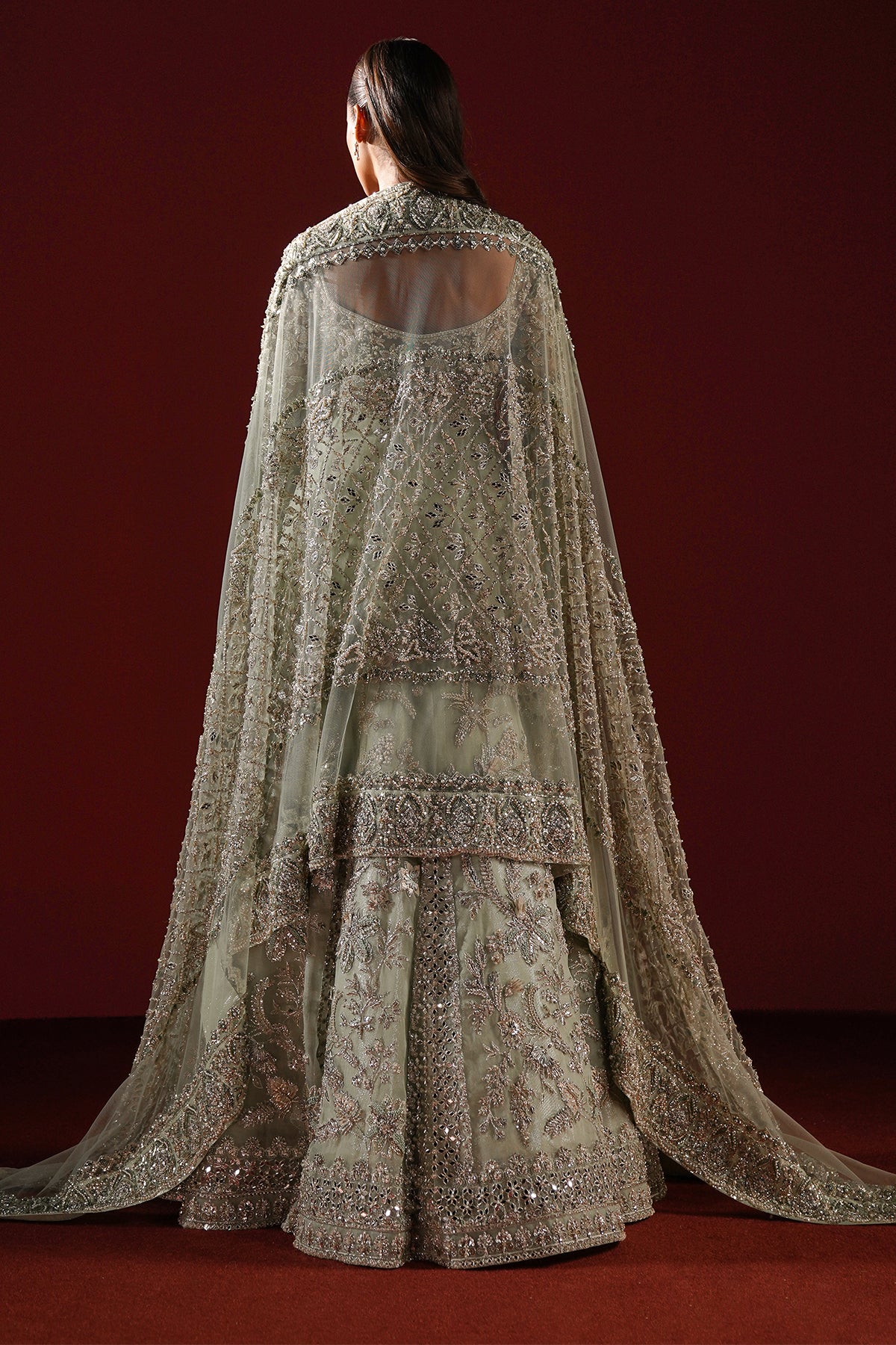 Pakistani Sage Green Sheesha Kari Lamé Pishwas (2-Piece) - Image 2