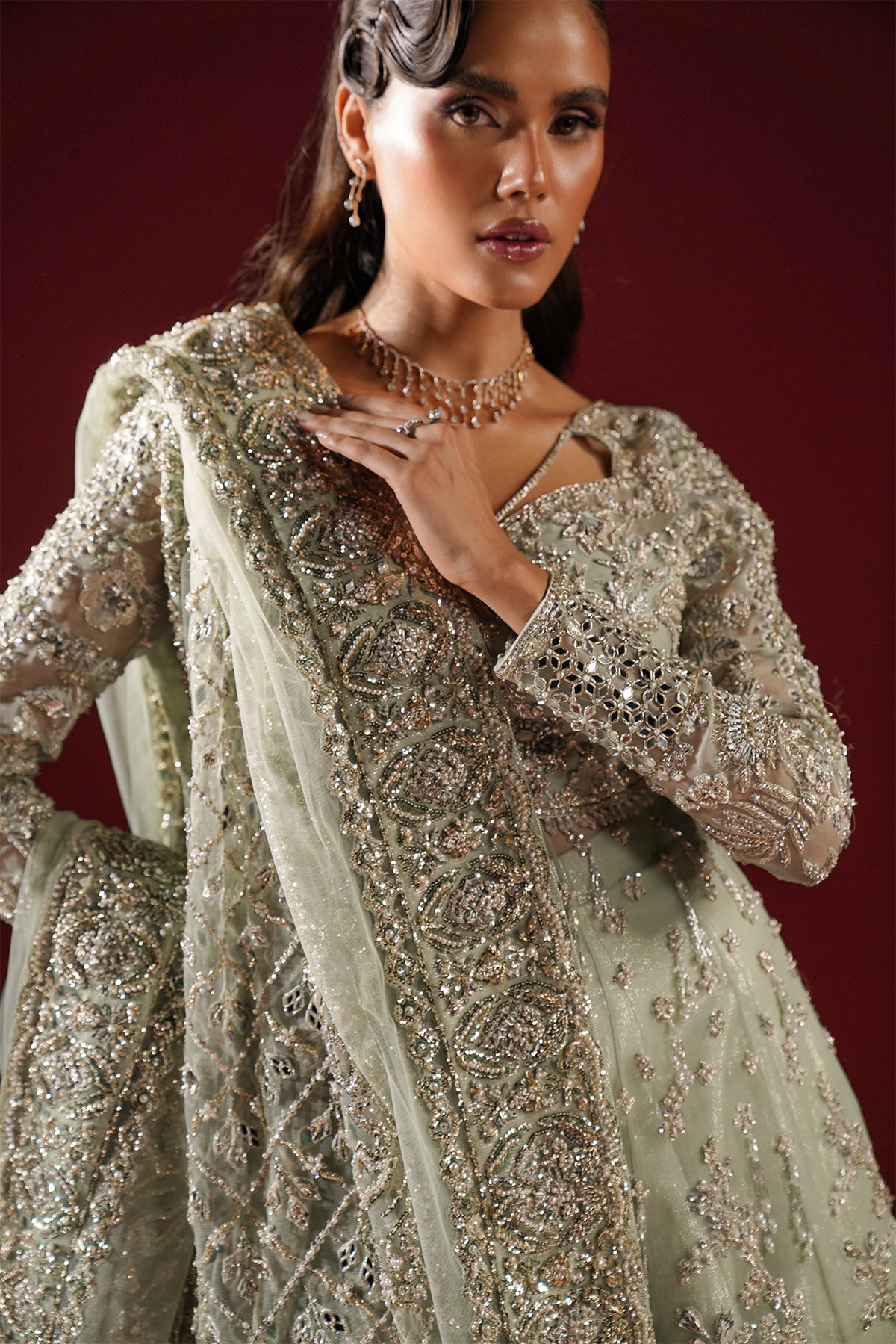 Pakistani Sage Green Sheesha Kari Lamé Pishwas (2-Piece) - Image 4