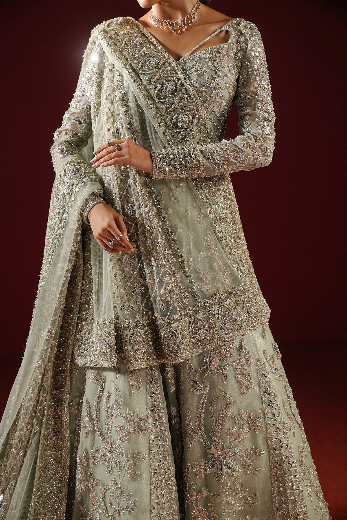 Pakistani Sage Green Sheesha Kari Lamé Pishwas (2-Piece) - Image 6