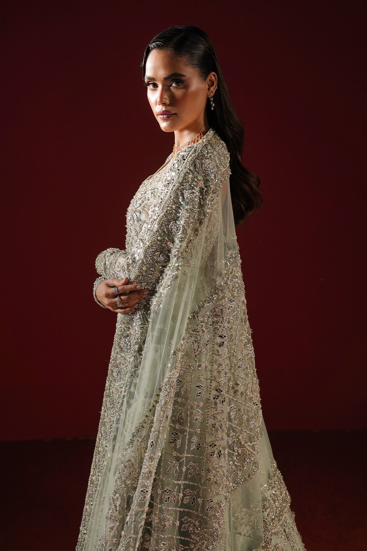 Pakistani Sage Green Sheesha Kari Lamé Pishwas (2-Piece) - Image 7