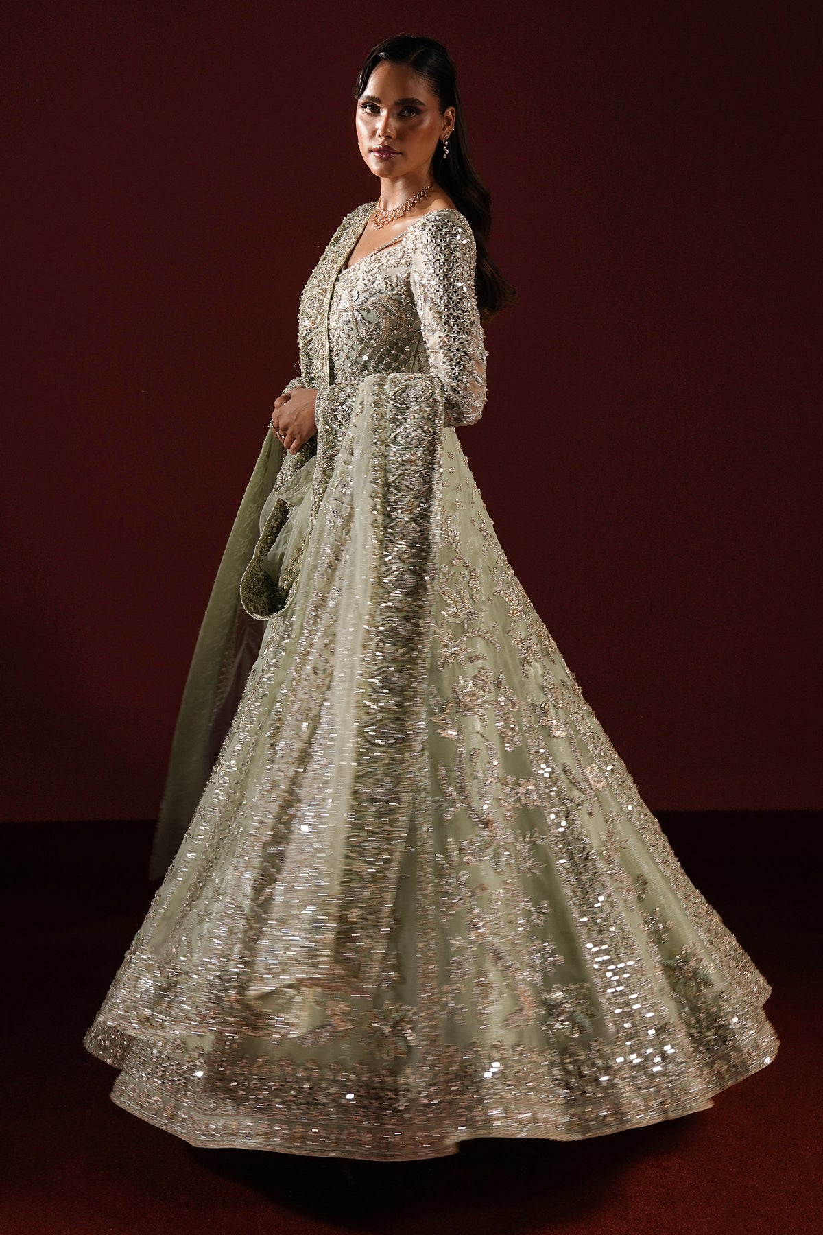 Pakistani Sage Green Sheesha Kari Lamé Pishwas (2-Piece) - Image 8