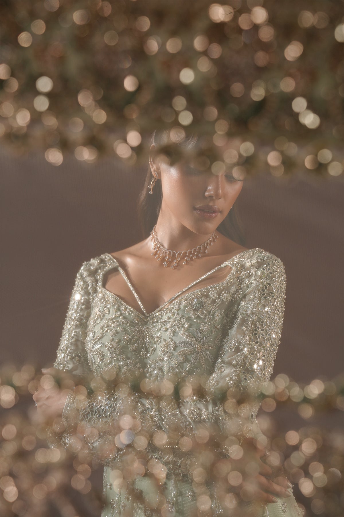 Pakistani Sage Green Sheesha Kari Lamé Pishwas (2-Piece) - Image 9