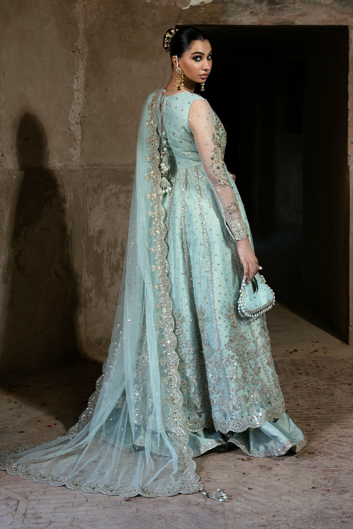 Seafoam Embroidered Masoori Silk Pishwas (3-Piece) - Image 4