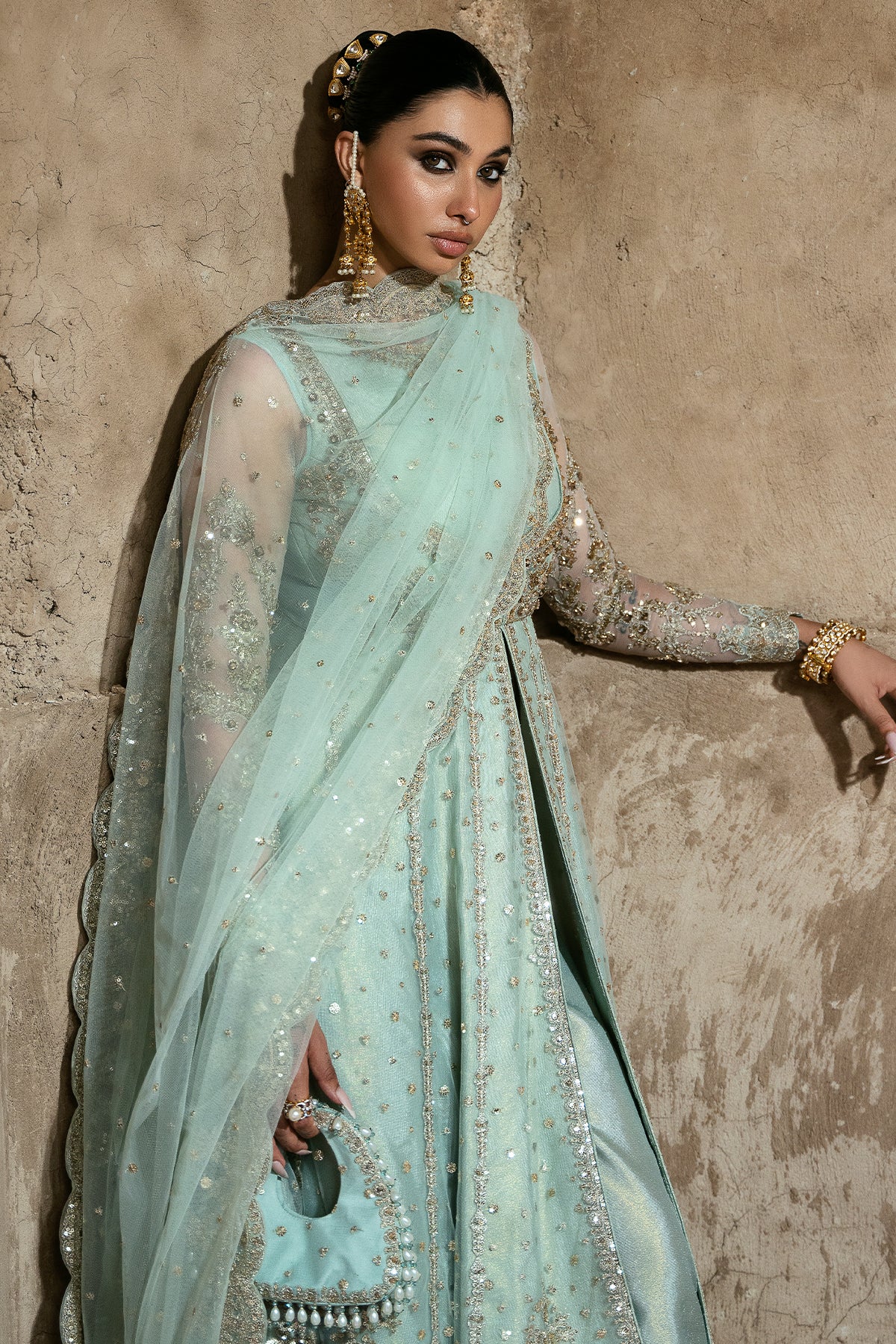 Seafoam Embroidered Masoori Silk Pishwas (3-Piece) - Image 5