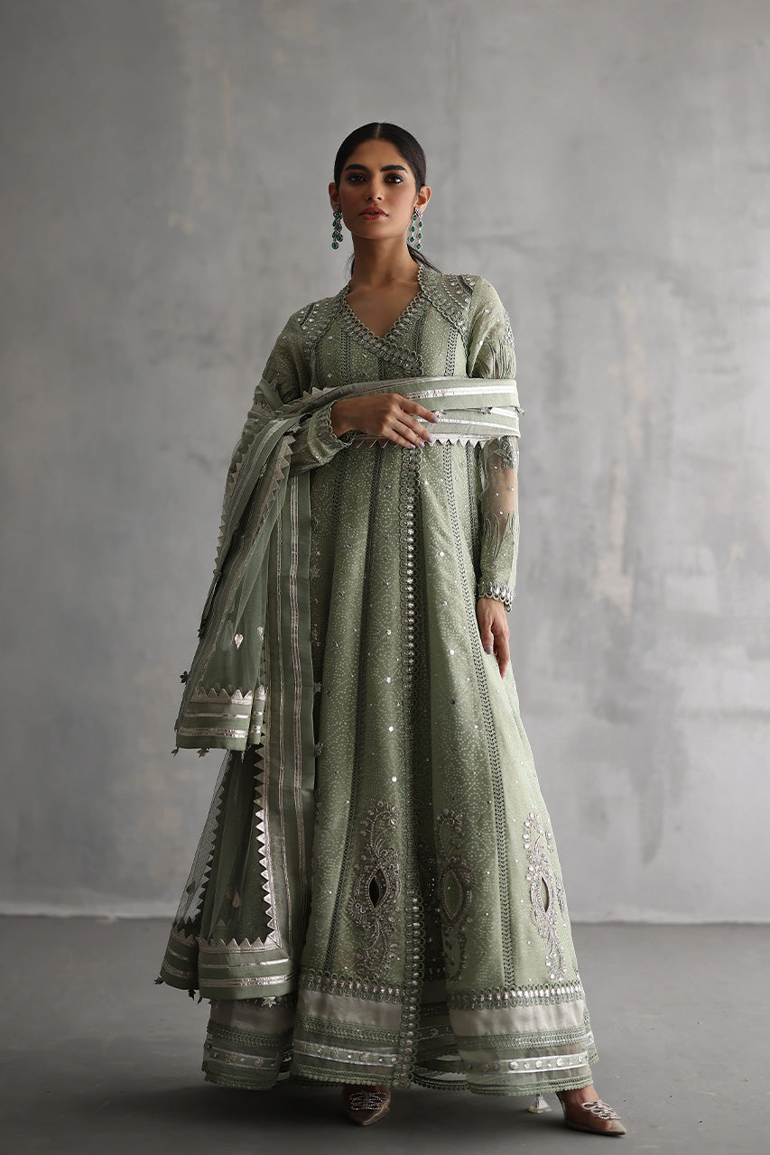 Pakistani Sage Green Kaamdaani Meysuri Pishwas (3-Piece) - Image 1