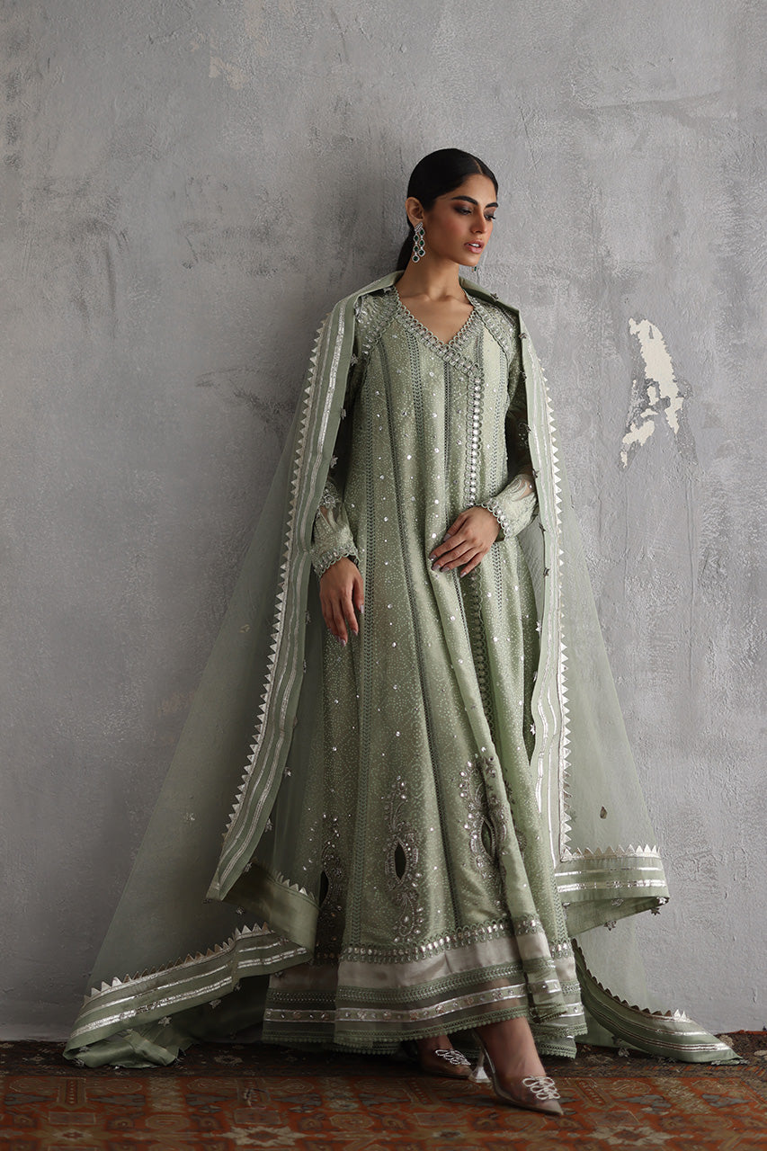 Pakistani Sage Green Kaamdaani Meysuri Pishwas (3-Piece) - Image 5