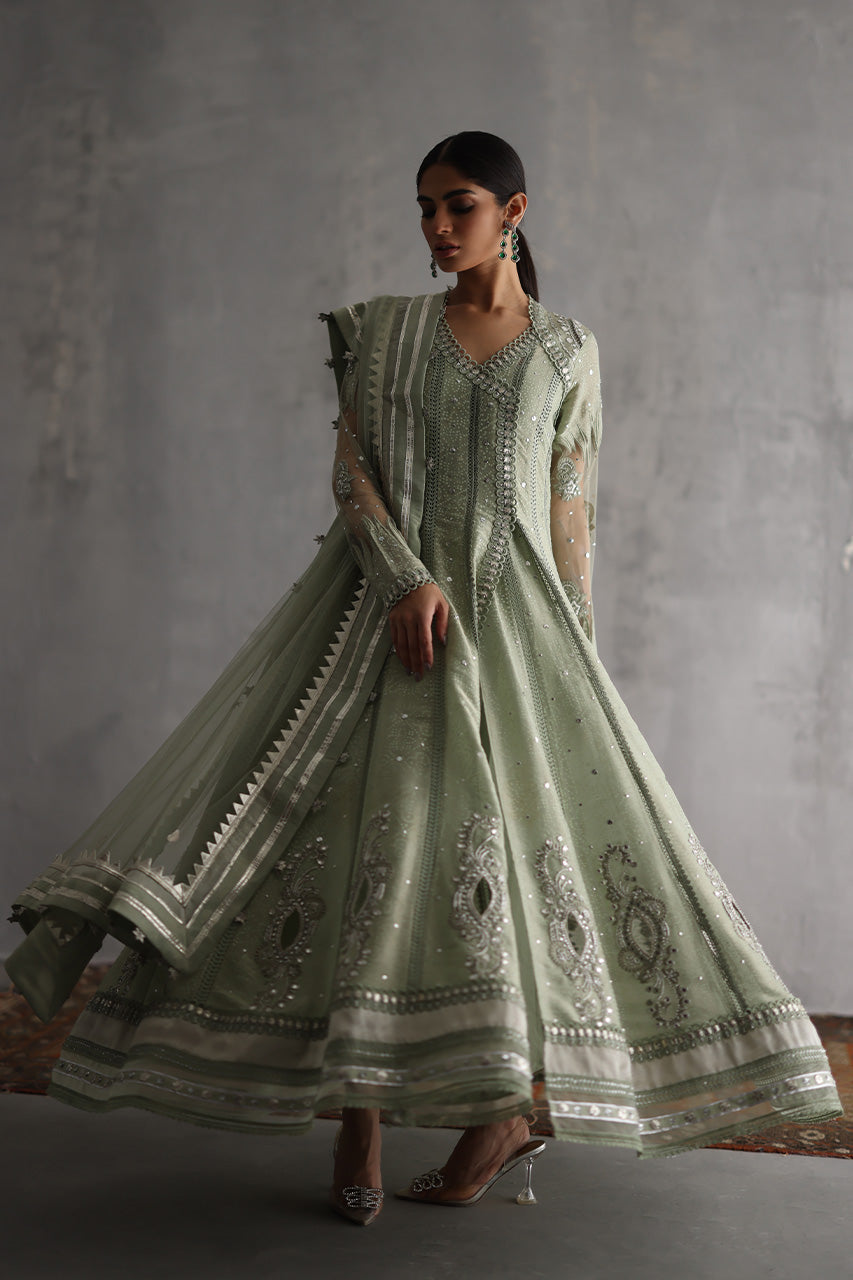 Pakistani Sage Green Kaamdaani Meysuri Pishwas (3-Piece) - Image 7