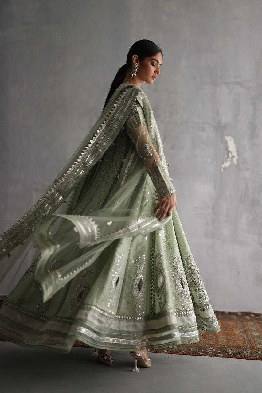Pakistani Sage Green Kaamdaani Meysuri Pishwas (3-Piece) - Image 8