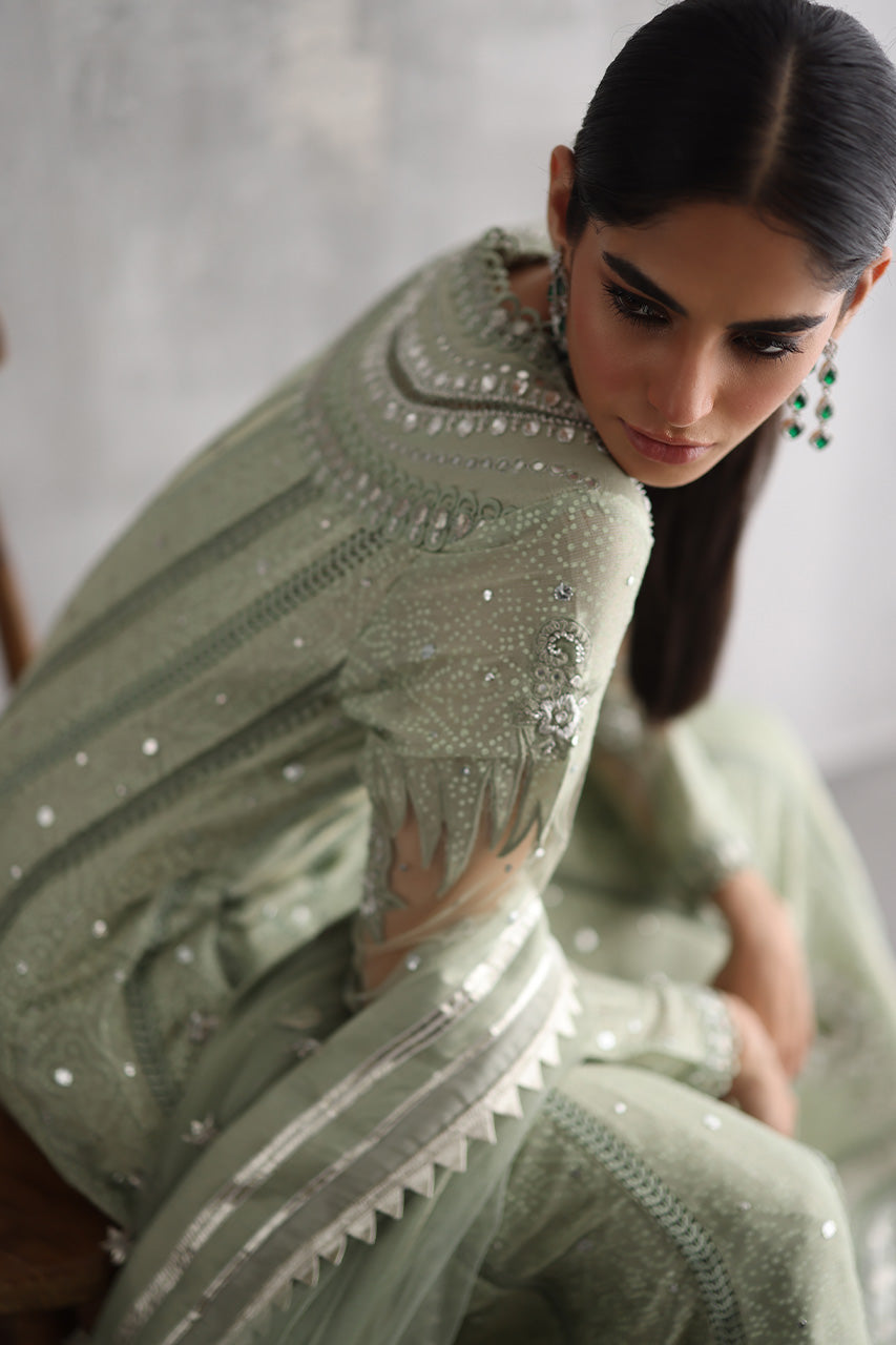 Pakistani Sage Green Kaamdaani Meysuri Pishwas (3-Piece) - Image 3