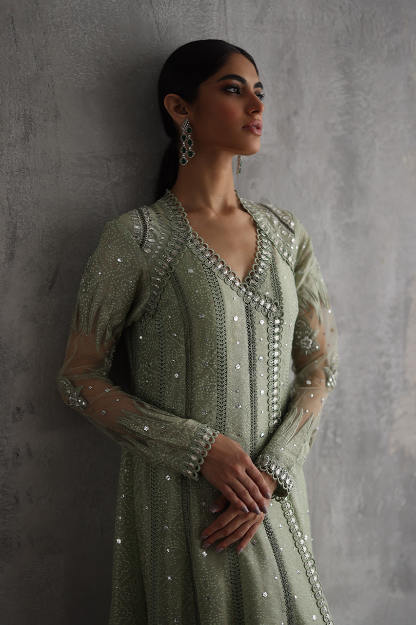 Pakistani Sage Green Kaamdaani Meysuri Pishwas (3-Piece) - Image 4