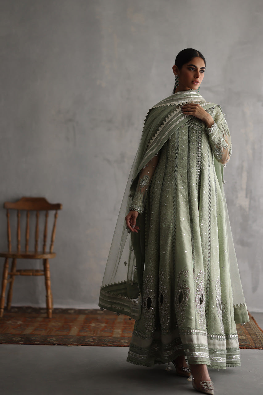 Pakistani Sage Green Kaamdaani Meysuri Pishwas (3-Piece) - Image 5