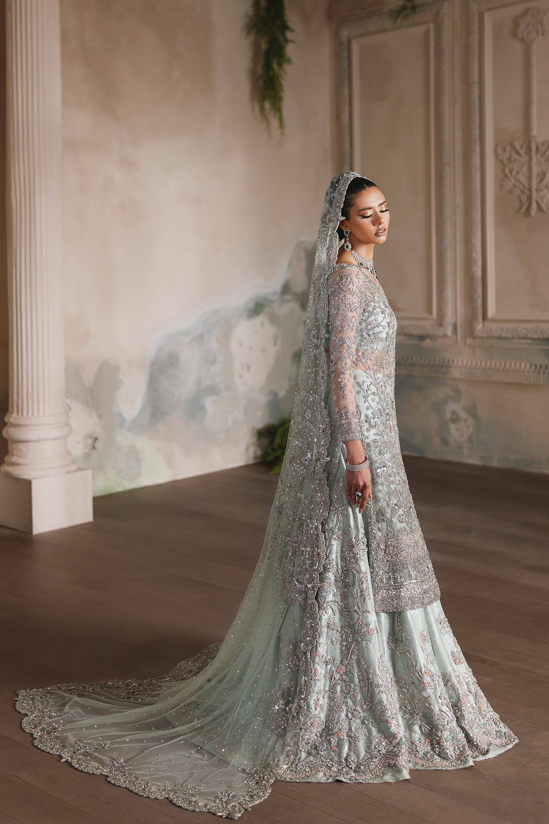 Mint Zardozi Net & Brocade Bridal Pishwas (4-Piece) - Image 2