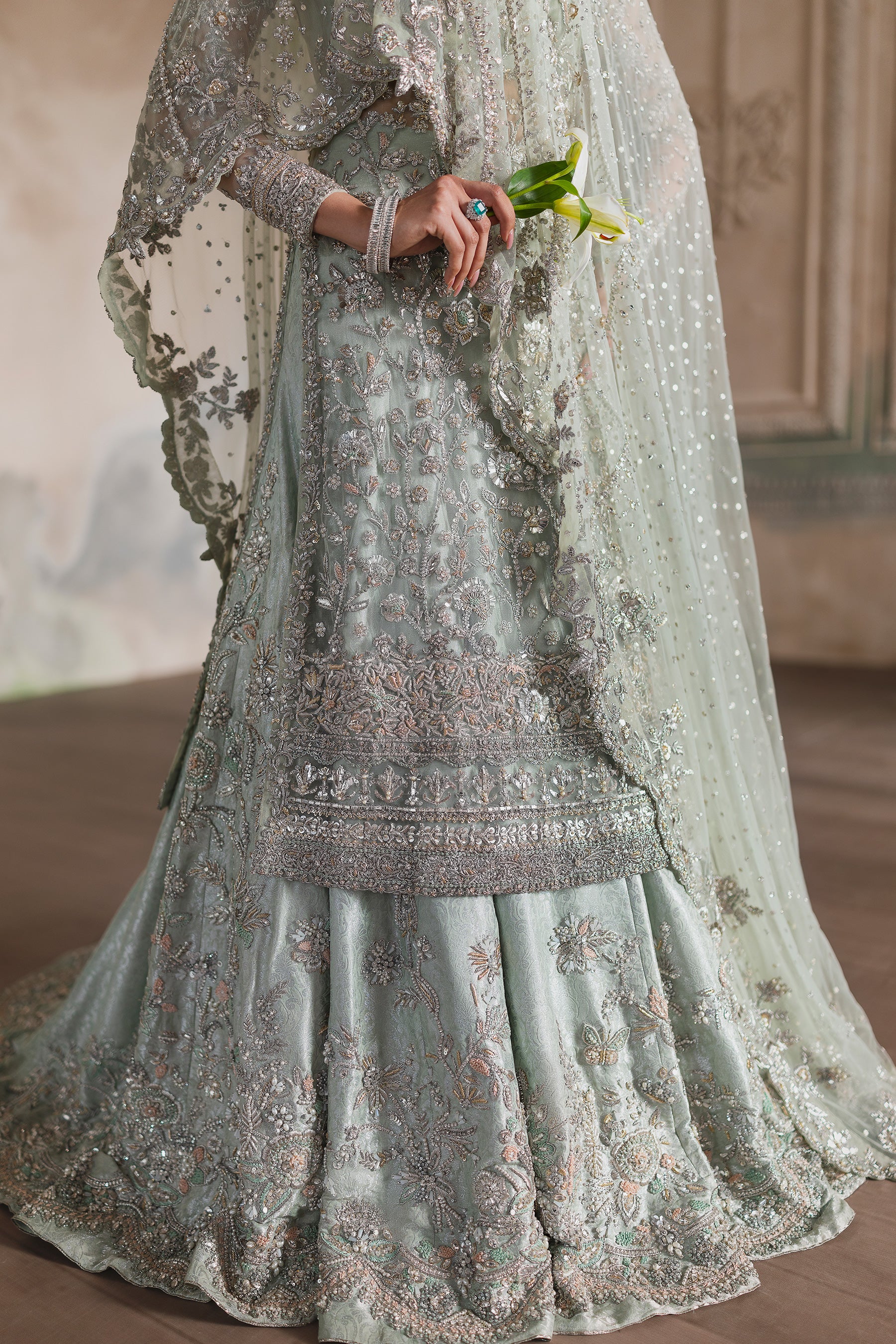 Mint Zardozi Net & Brocade Bridal Pishwas (4-Piece) - Image 4