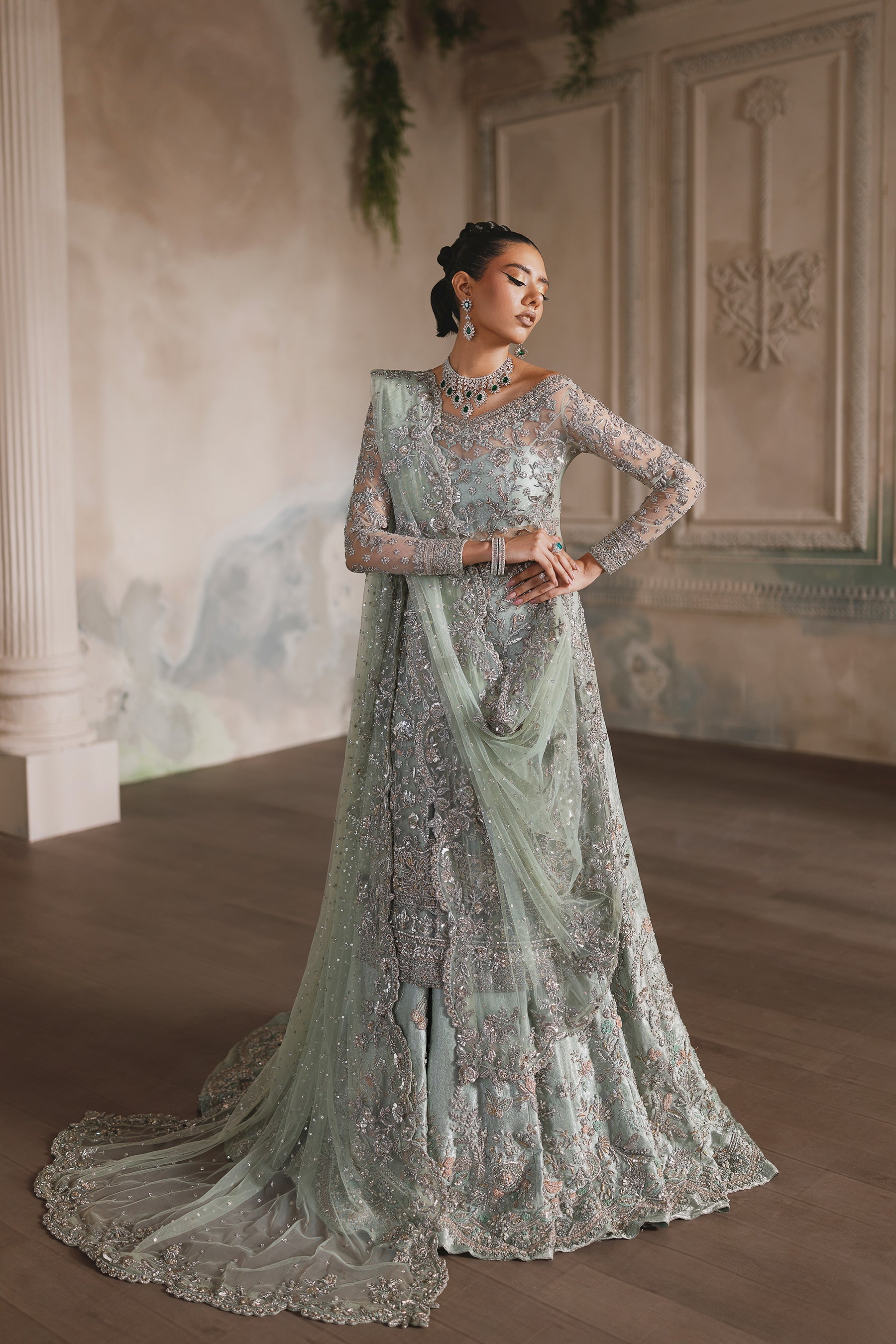 Indian Mint Zardozi Net Bridal Pishwas Dress (4-Piece) - Image 1