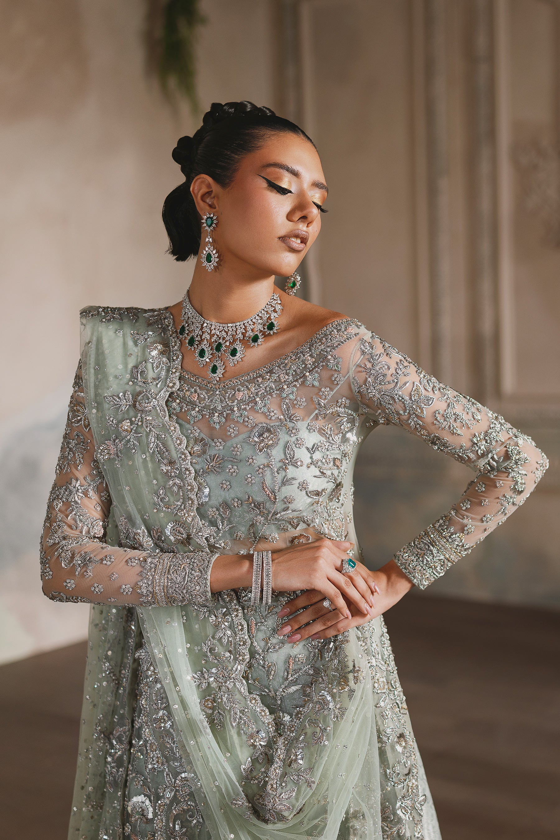 Indian Mint Zardozi Net Bridal Pishwas Dress (4-Piece) - Image 3