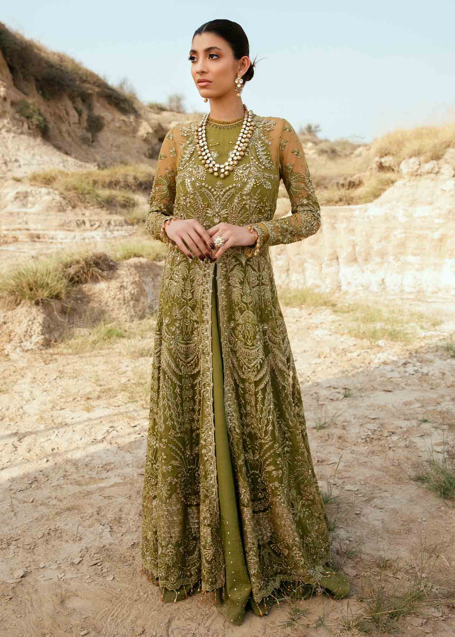 Olive Green Embroidered Net Pishwas Dress (2-Piece) - Image 2
