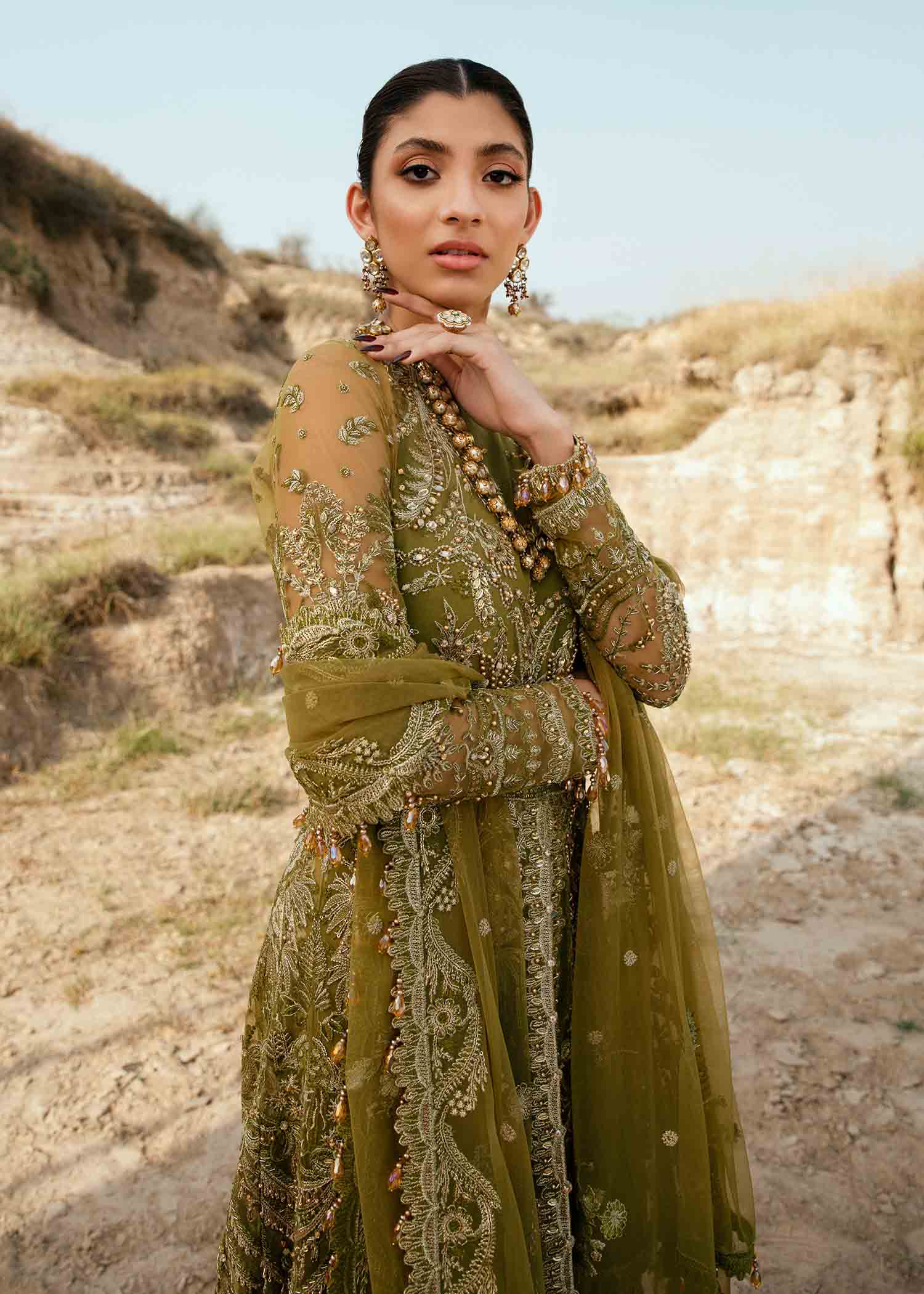 Olive Green Embroidered Net Pishwas Dress (2-Piece) - Image 3