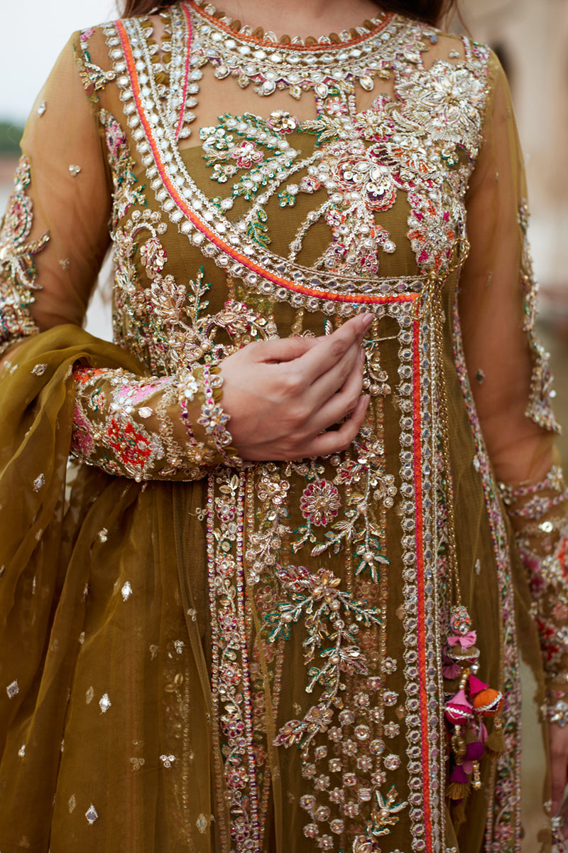 Olive Gotta Embroidered Net Bridal Pishwas (3-Piece) - Image 6