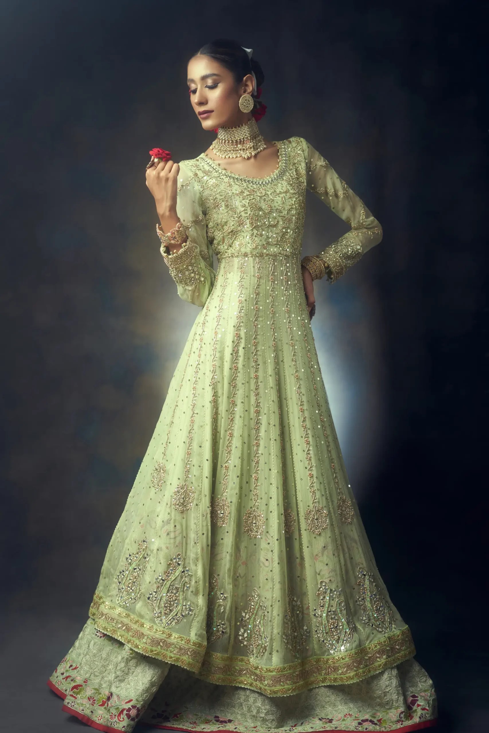 Pakistani Tea-Green Dabka & Mirror Work Net Pishwas (3-Piece) - Image 1