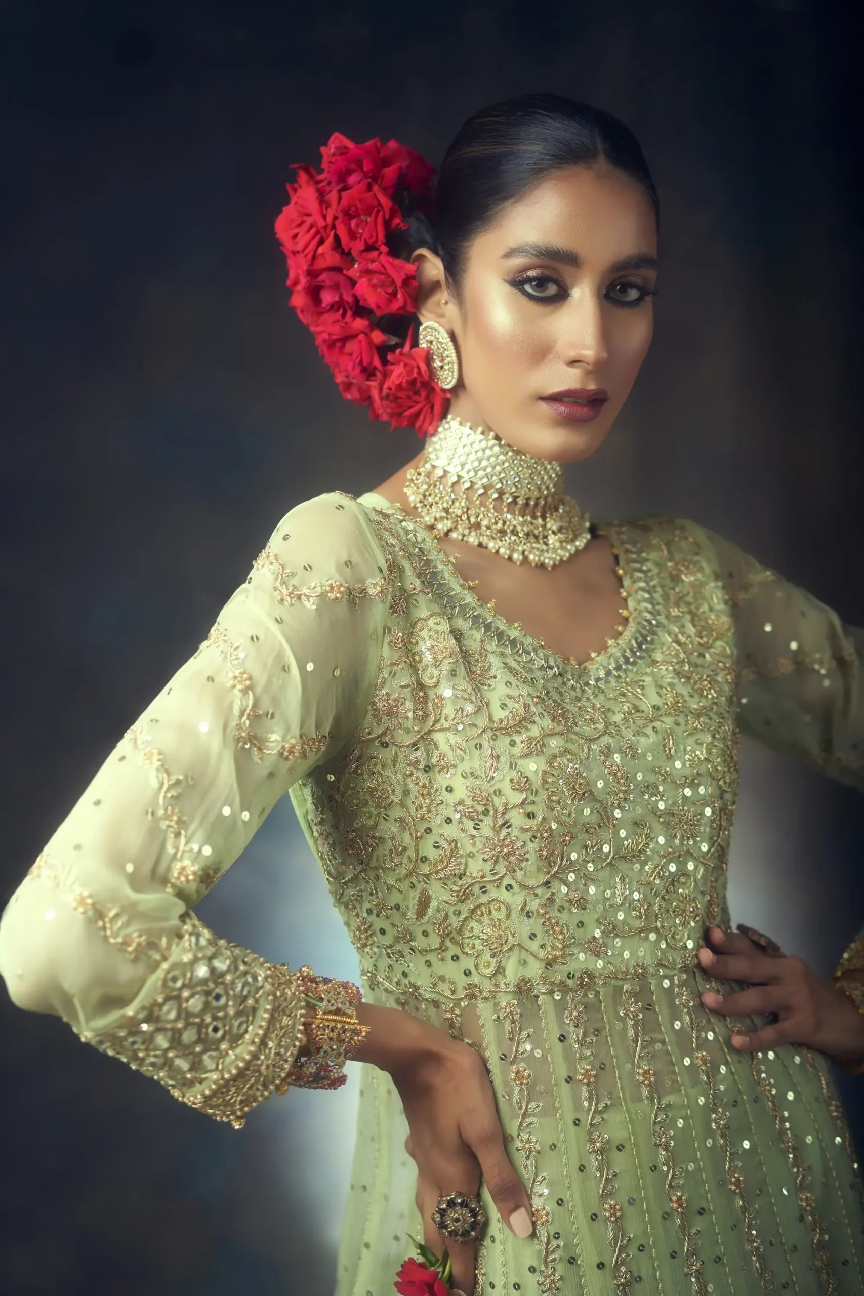 Pakistani Tea-Green Dabka & Mirror Work Net Pishwas (3-Piece) - Image 3