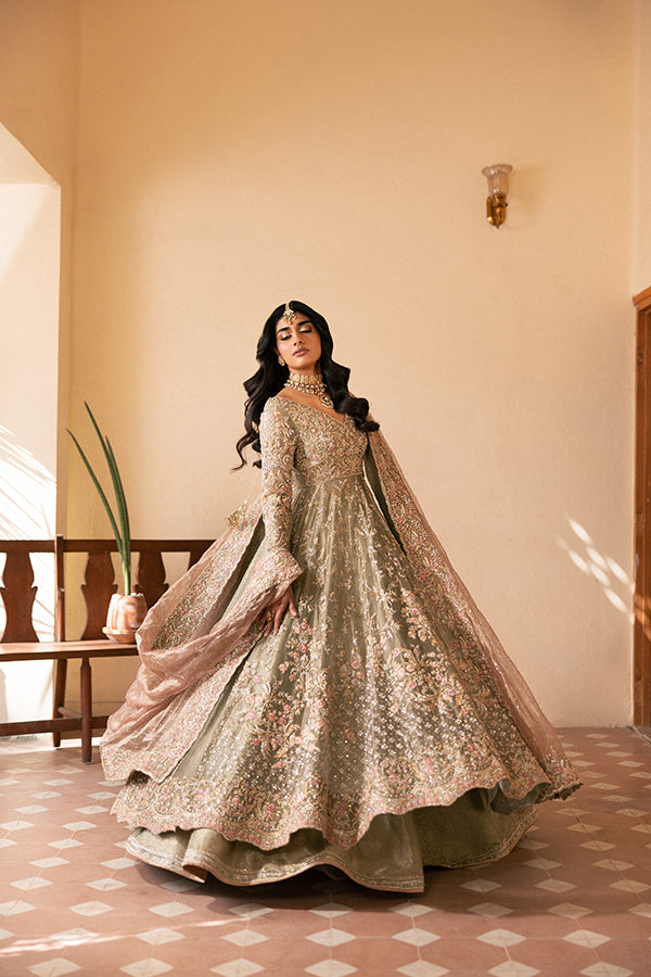 Sage Green Embroidered Net Pishwas Dress (2-Piece) - Image 9