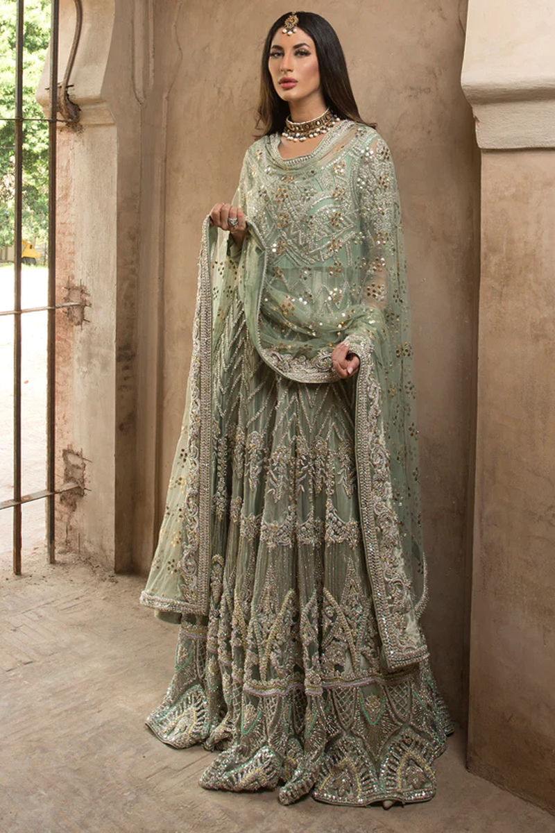 Pakistani Sage Green Mukesh Net Bridal Peshwas (2-Piece) - Image 1