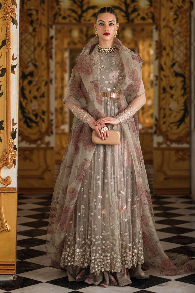 Olive Sequinned Net Pishwas Dress (3-Piece) - Image 1