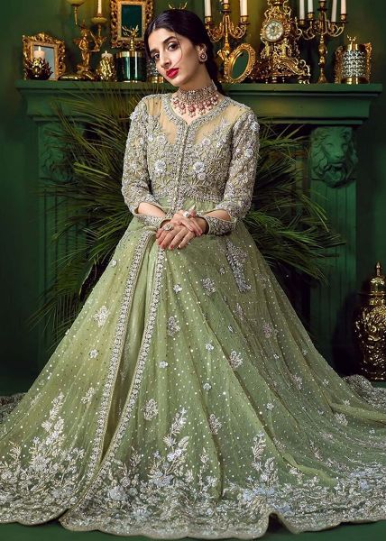 Indian Mint Green Embroidered Net Pishwas Dress (3-Piece) - Image 2