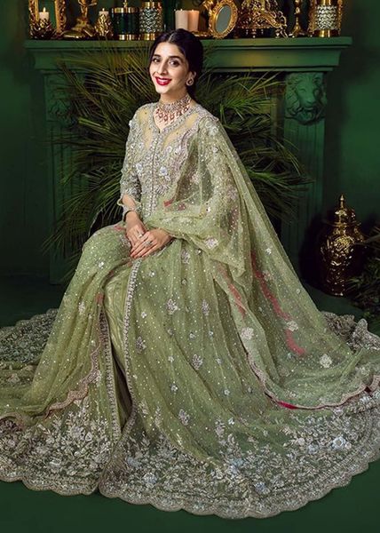 Indian Mint Green Embroidered Net Pishwas Dress (3-Piece) - Image 3