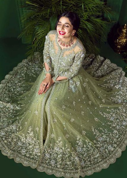 Indian Mint Green Embroidered Net Pishwas Dress (3-Piece) - Image 4