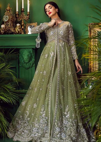 Indian Mint Green Embroidered Net Pishwas Dress (3-Piece) - Image 6