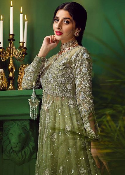 Indian Mint Green Embroidered Net Pishwas Dress (3-Piece) - Image 7