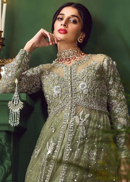 Indian Mint Green Embroidered Net Pishwas Dress (3-Piece) - Image 8