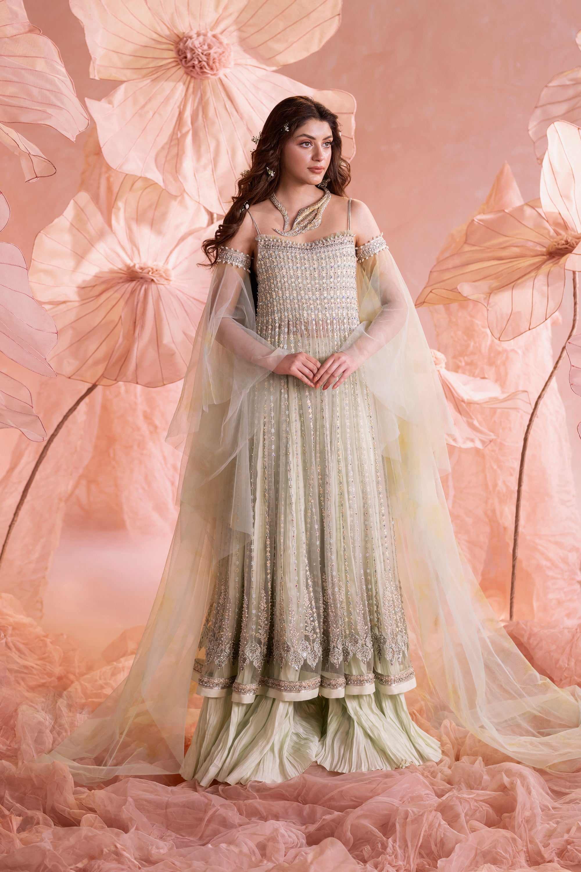 Apple Green Embellished Net Pishwas Dress (3-Piece) - Image 1