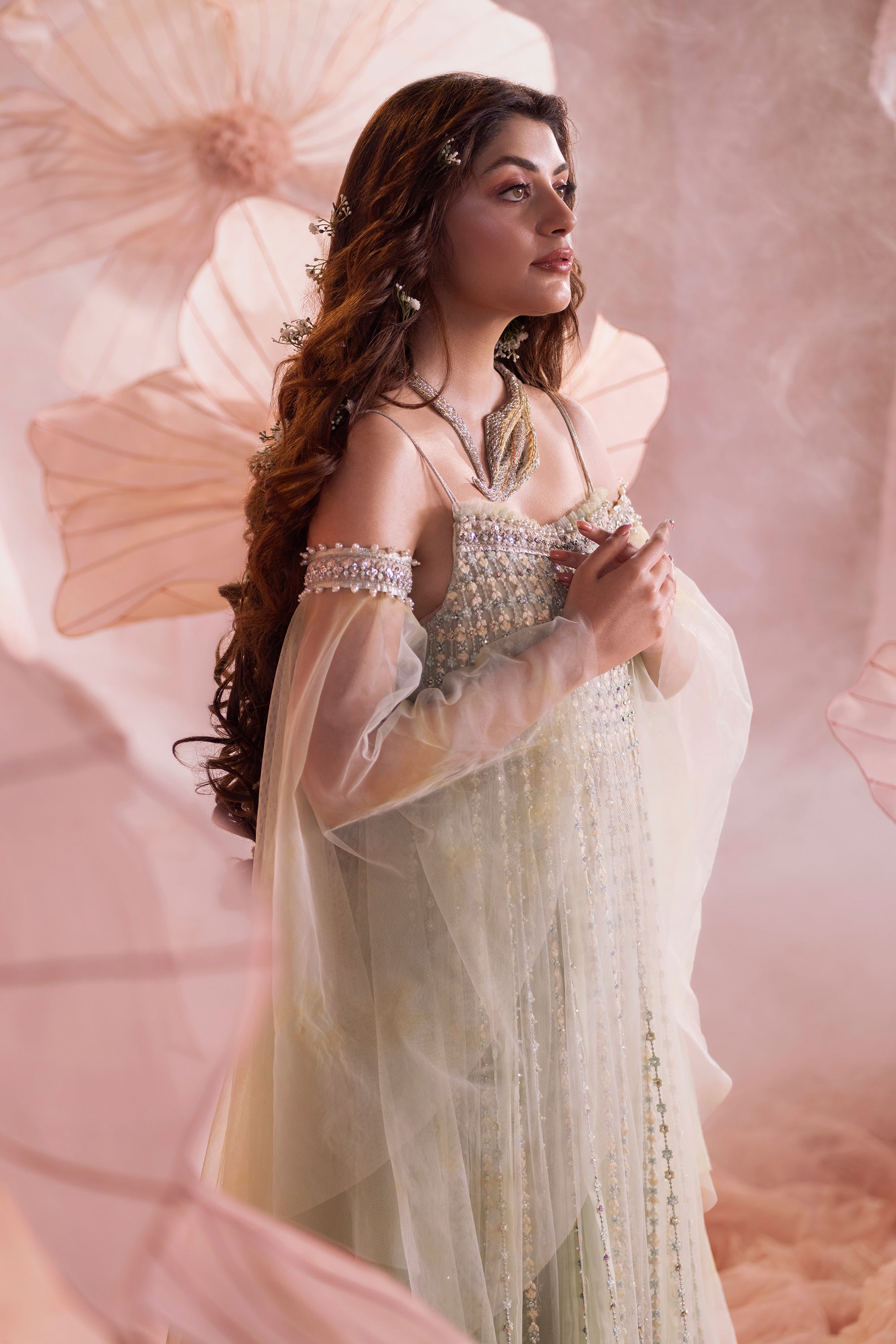 Apple Green Embellished Net Pishwas Dress (3-Piece) - Image 2