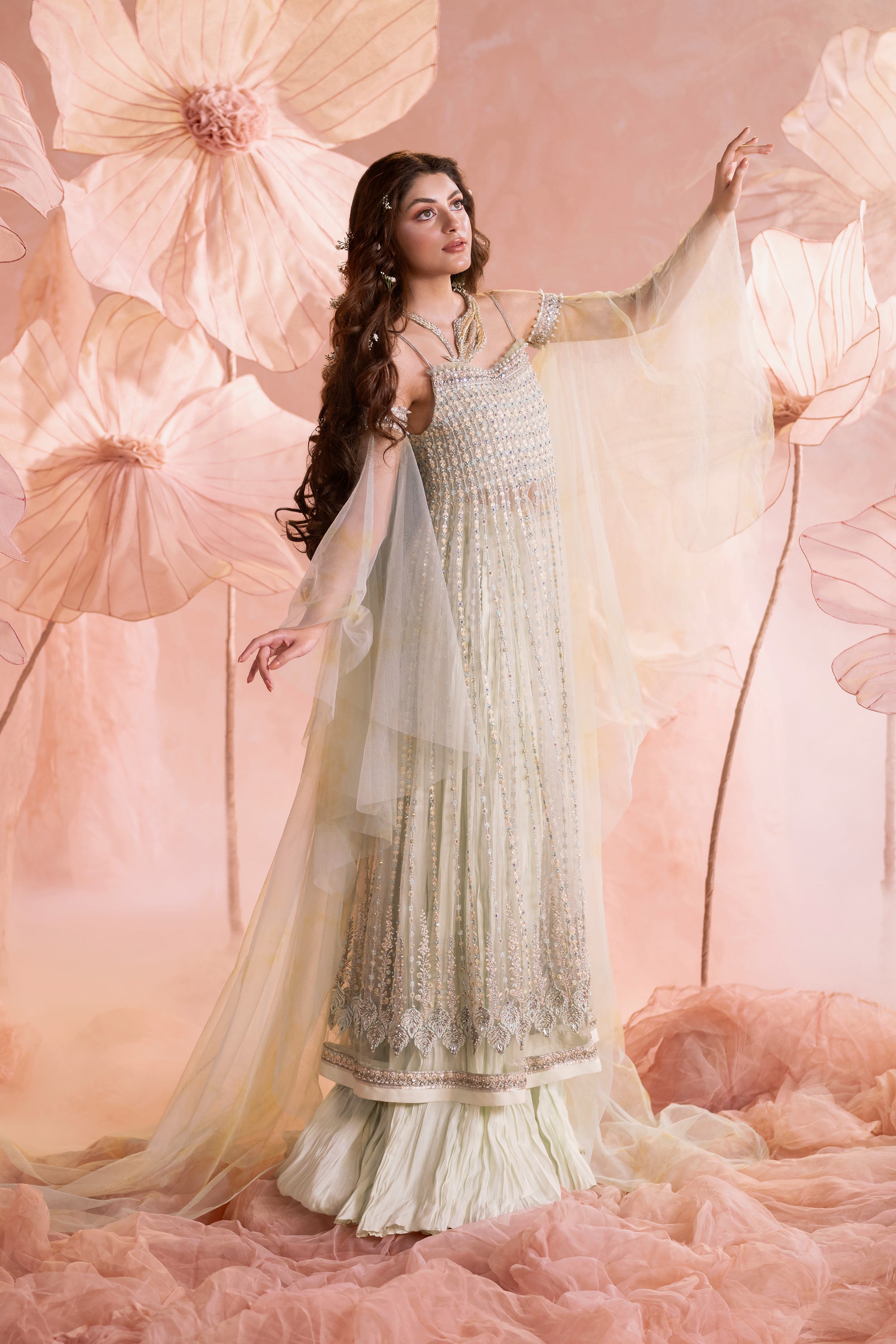 Apple Green Embellished Net Pishwas Dress (3-Piece) - Image 3