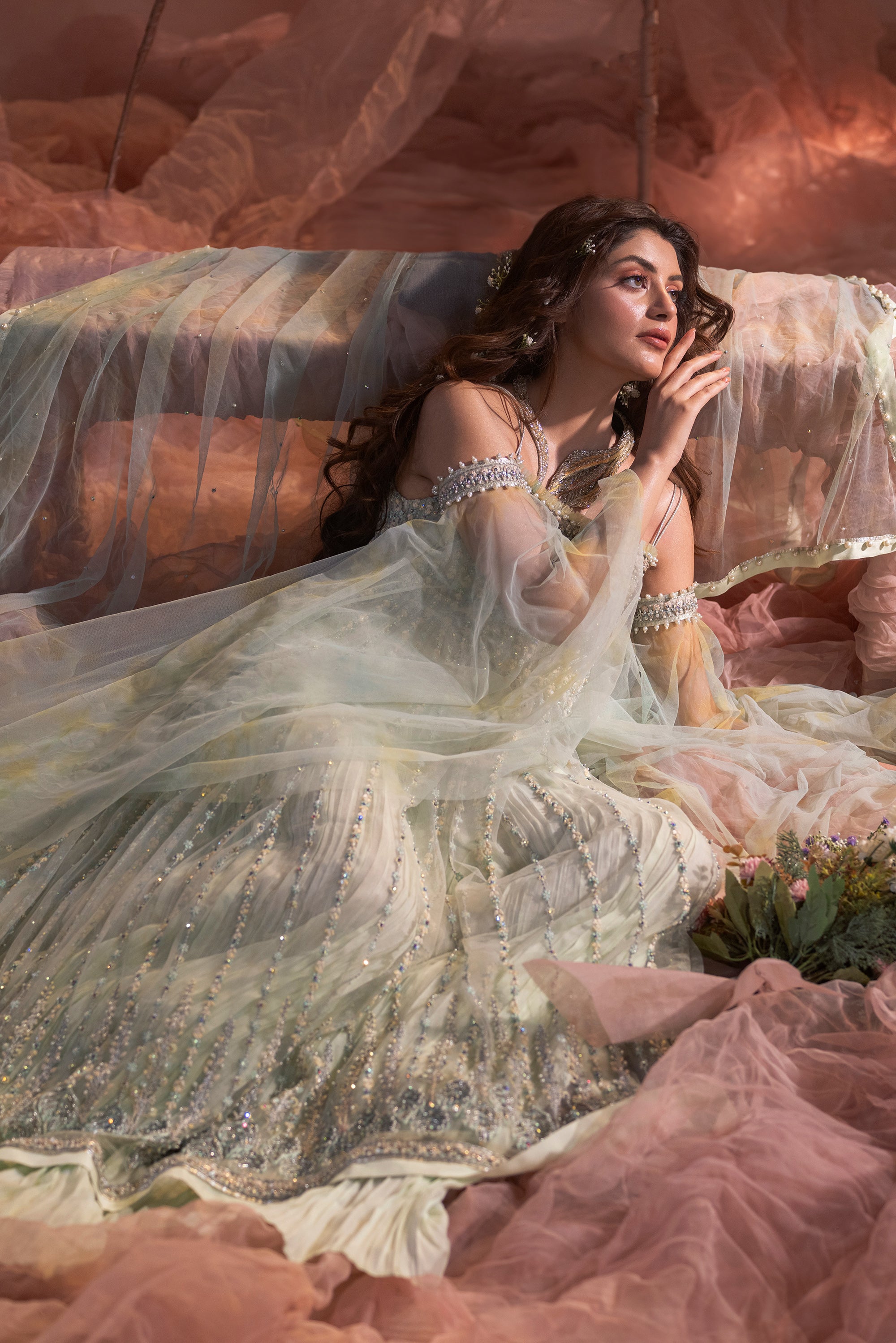 Apple Green Embellished Net Pishwas Dress (3-Piece) - Image 5