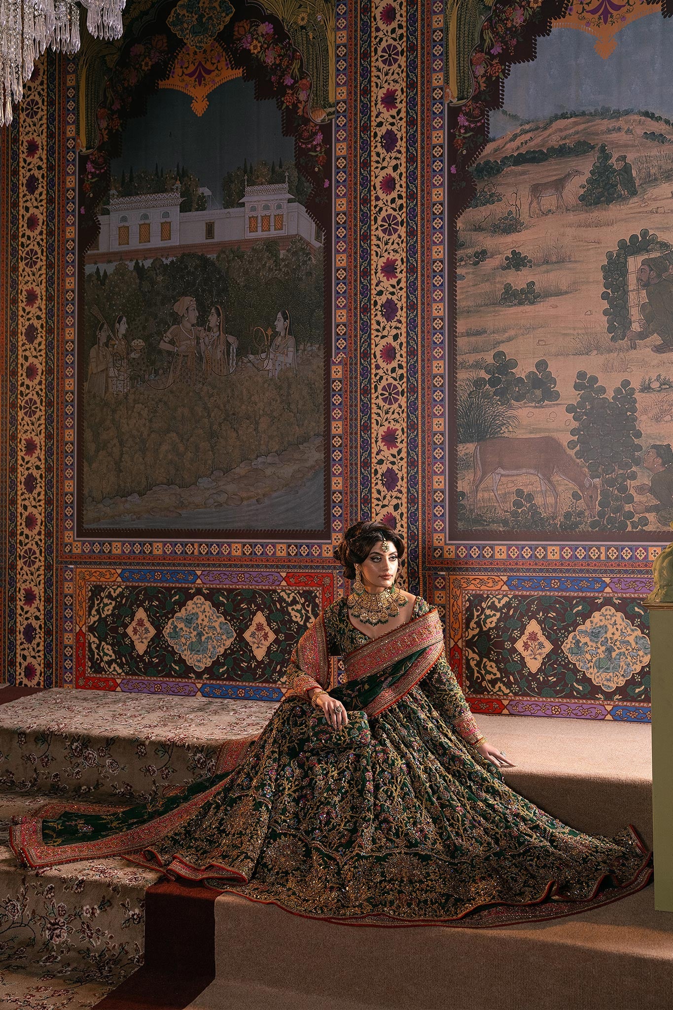 Pakistani Bottle Green Zardozi Net Pishwas Dress (3-Piece) - Image 10