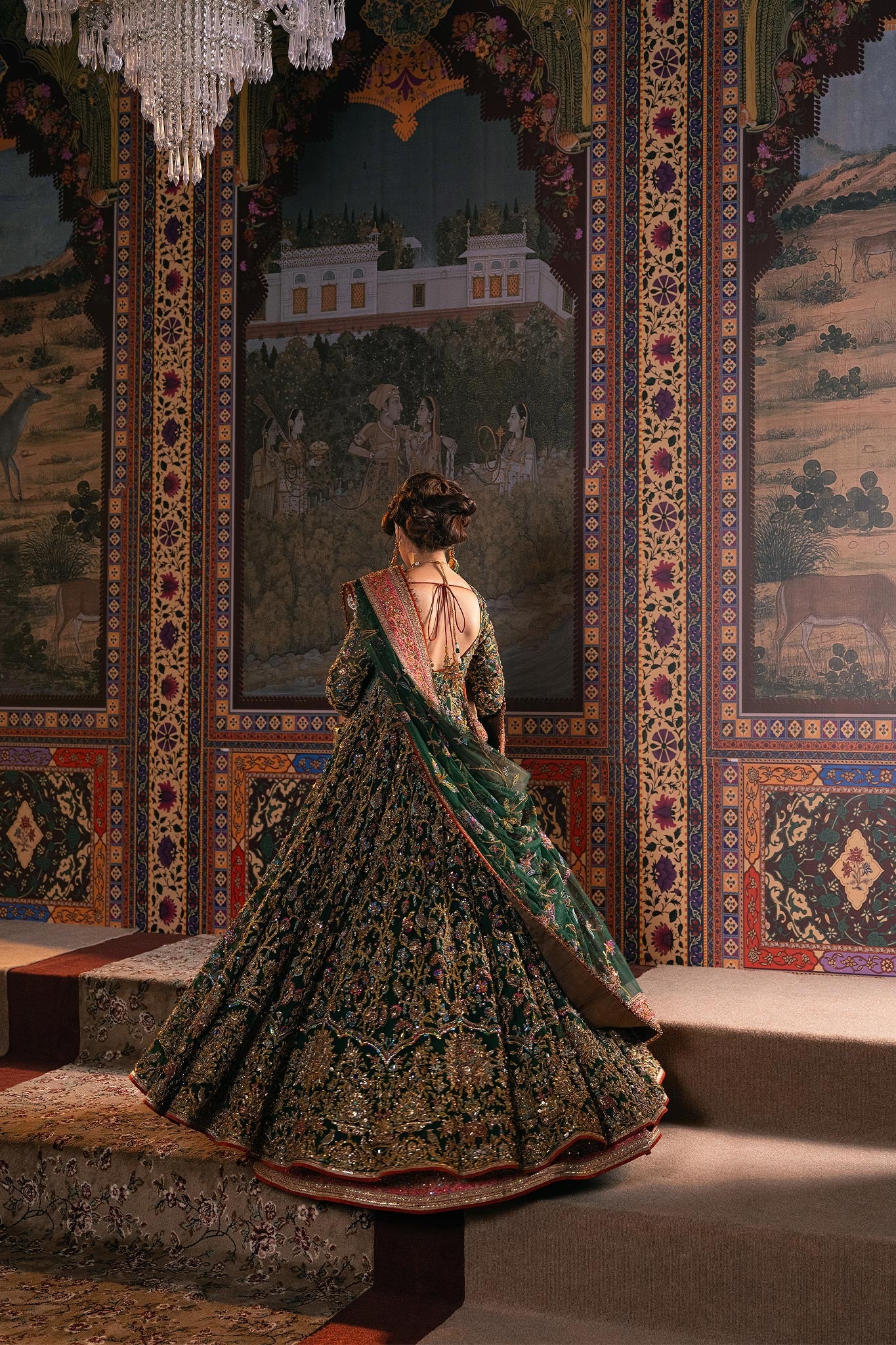 Pakistani Bottle Green Zardozi Net Pishwas Dress (3-Piece) - Image 12