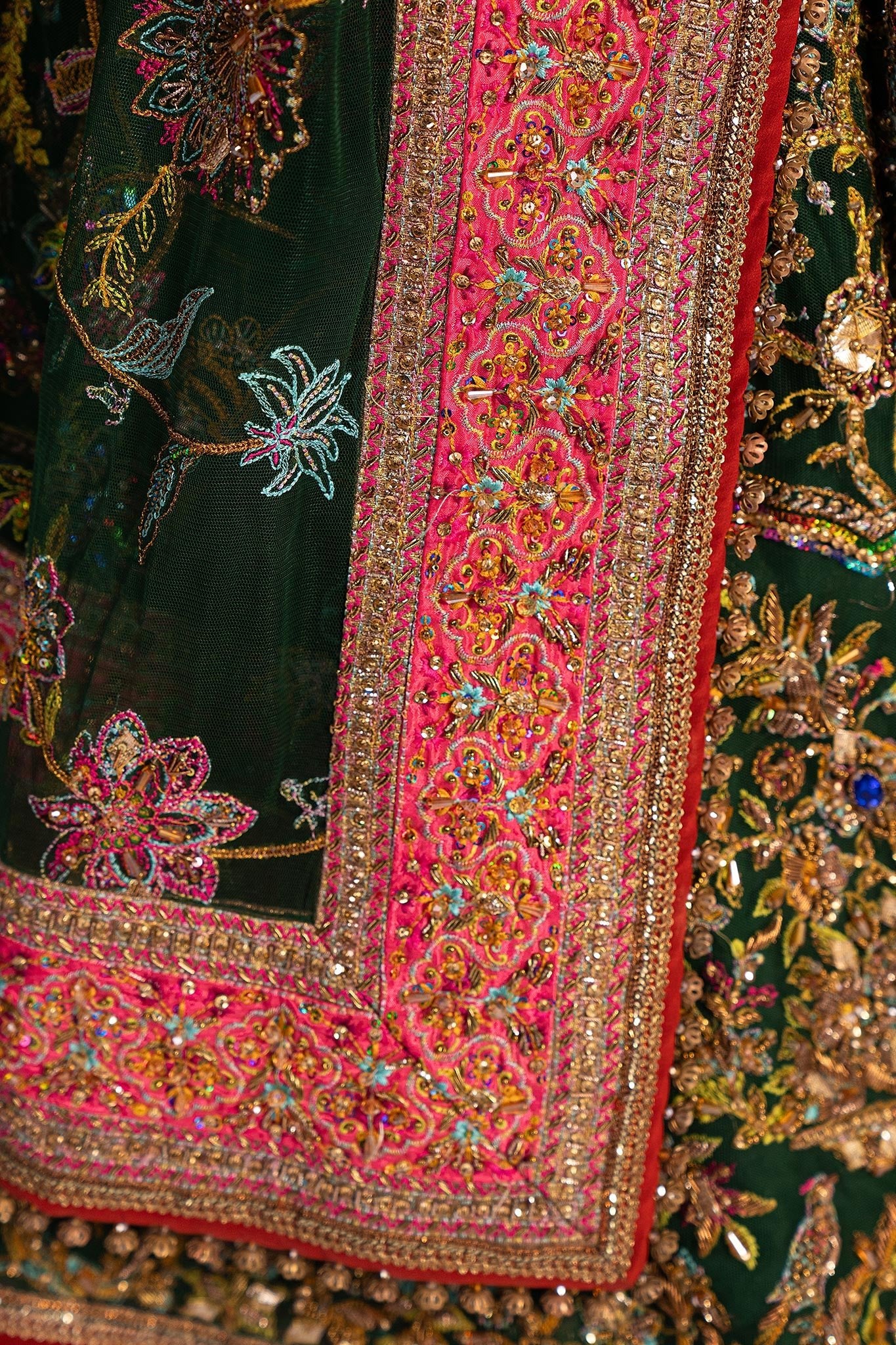 Pakistani Bottle Green Zardozi Net Pishwas Dress (3-Piece) - Image 13