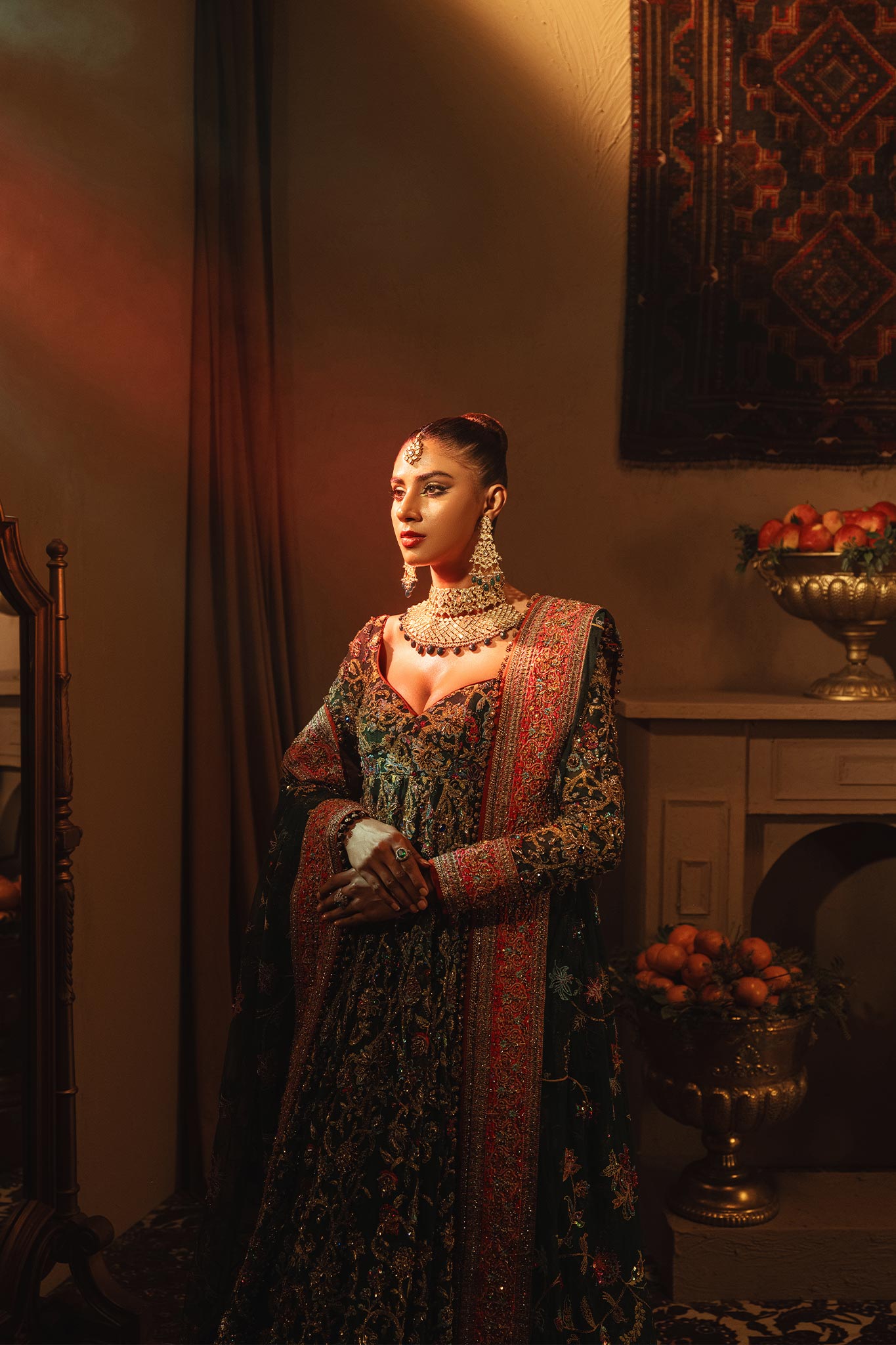 Pakistani Bottle Green Zardozi Net Pishwas Dress (3-Piece) - Image 2