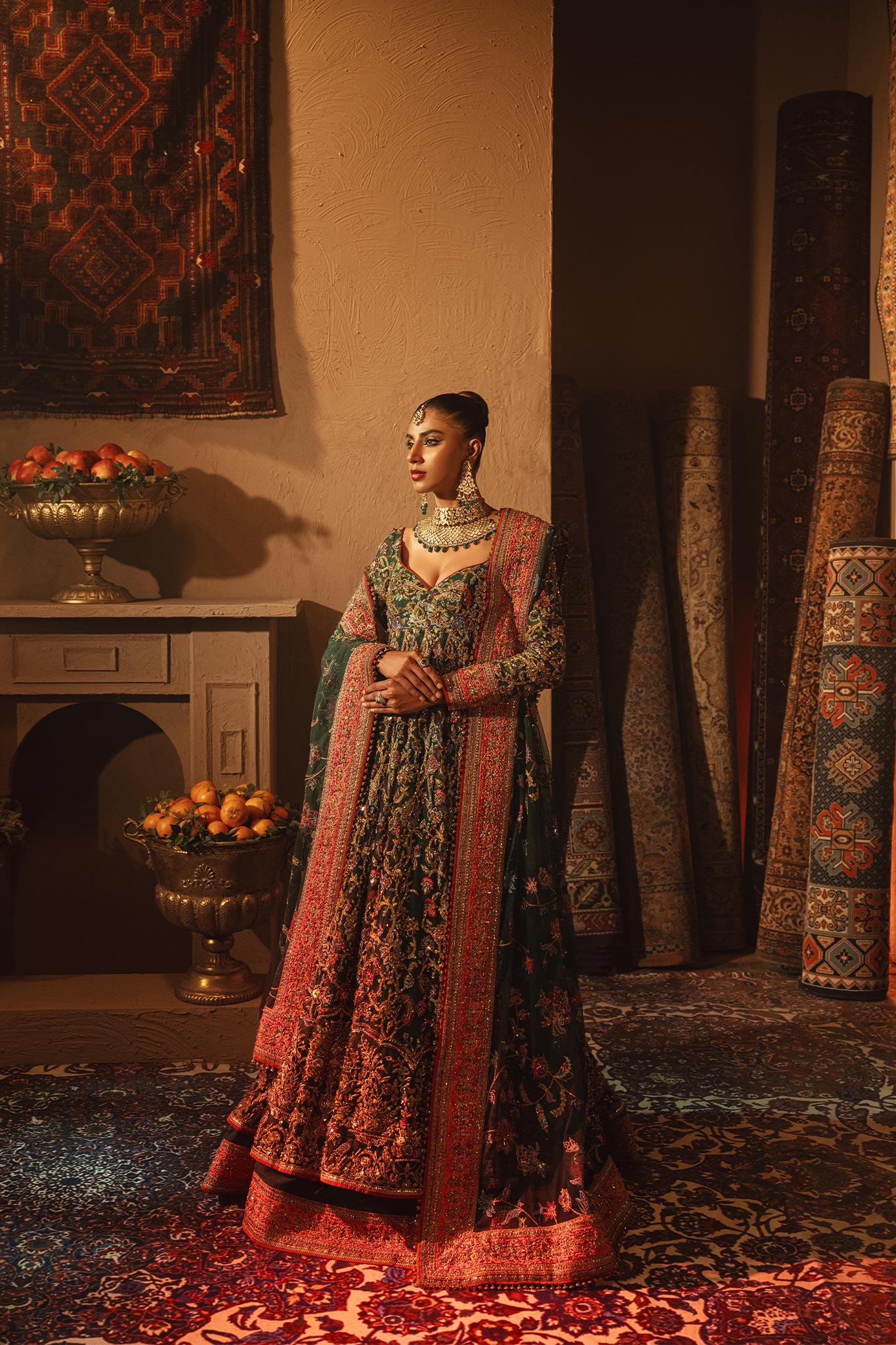 Pakistani Bottle Green Zardozi Net Pishwas Dress (3-Piece) - Image 3