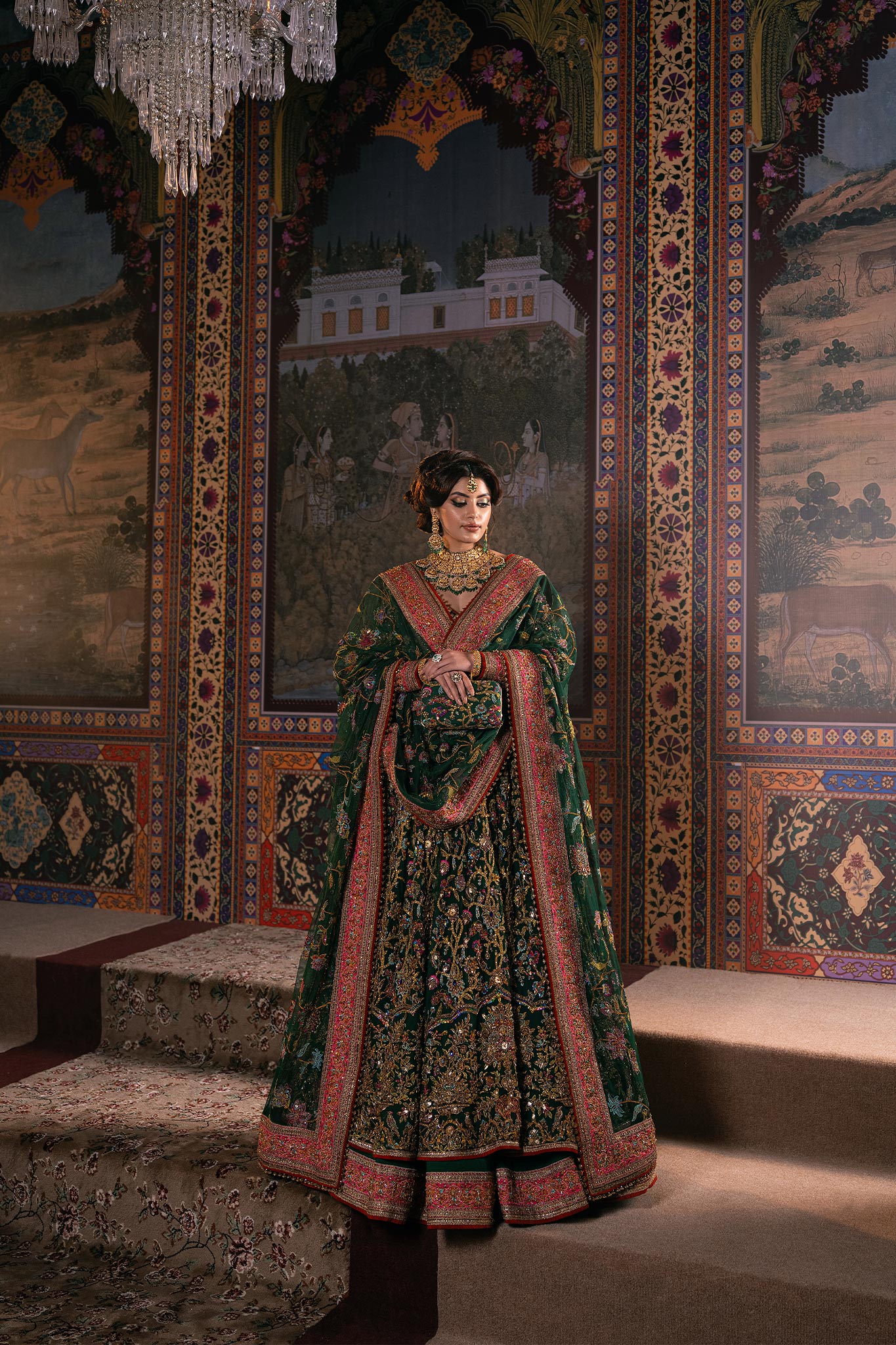 Pakistani Bottle Green Zardozi Net Pishwas Dress (3-Piece) - Image 6