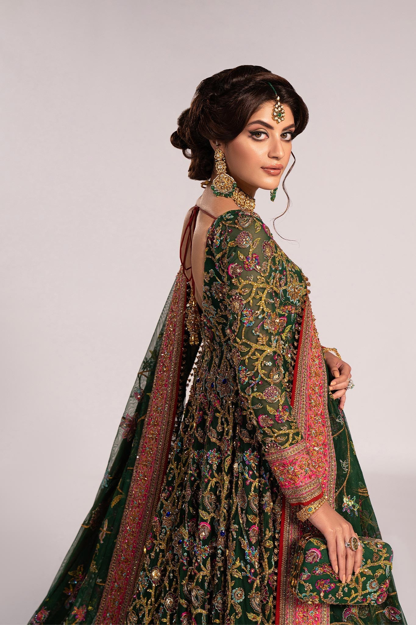 Pakistani Bottle Green Zardozi Net Pishwas Dress (3-Piece) - Image 8