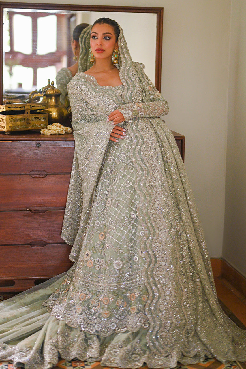 Pakistani Mint Zardozi Net Pishwas Dress (3-Piece) - Image 1